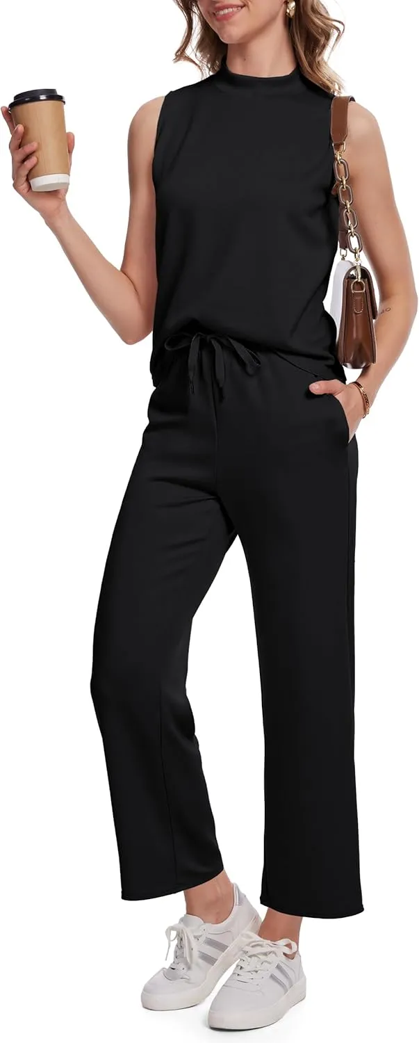 2 Piece Sets for Tall Women Summer Lounge Matching Outfits Mock Neck Tops Wide Leg Crop Pants Vacation Travel