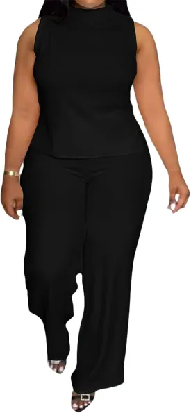 2 Piece Wide Leg Pants Set for Women Summer Casual Plus Size Sleeveless Shirt Long Pant Sets Sexy