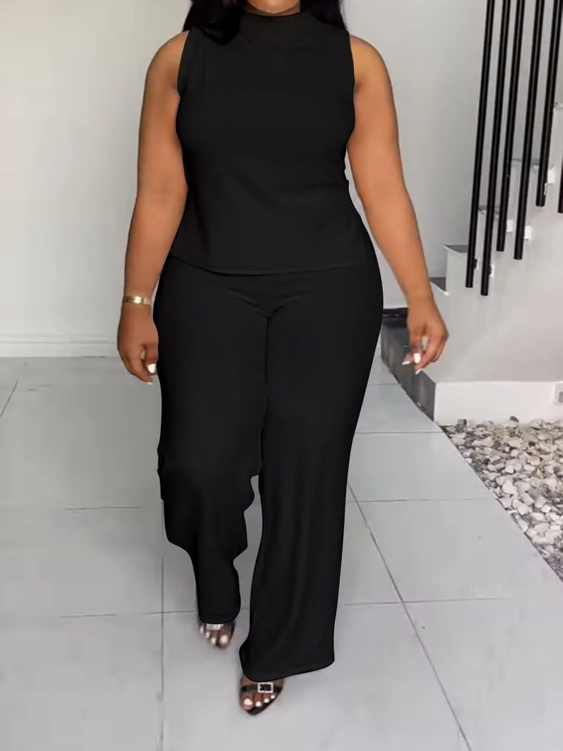 2 Piece Wide Leg Pants Set for Women Summer Casual Plus Size Sleeveless Shirt Long Pant Sets Sexy