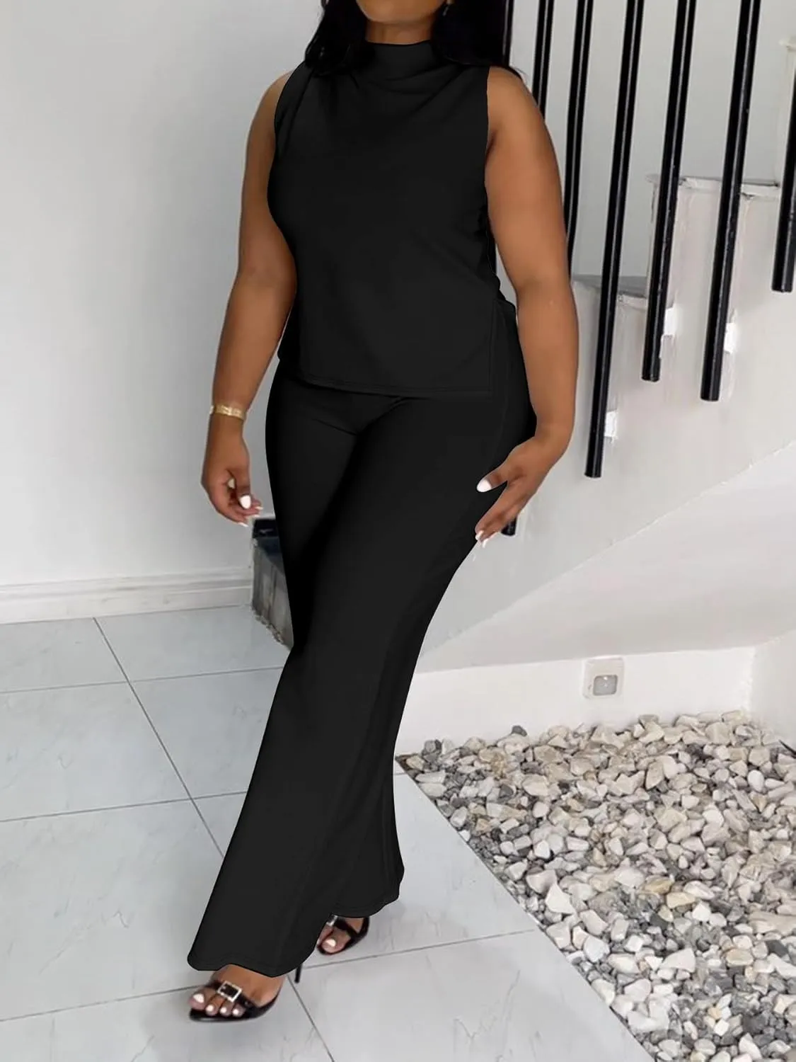 2 Piece Wide Leg Pants Set for Women Summer Casual Plus Size Sleeveless Shirt Long Pant Sets Sexy