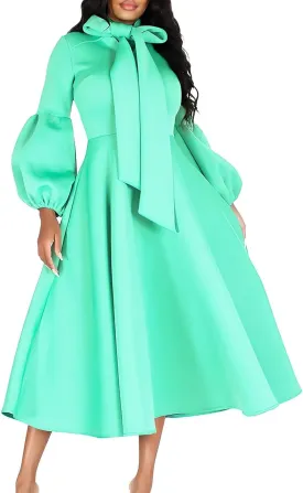 2025 Women's Bow Tie Neck Lantern Sleeve High Waist A-Line Long Dress, Casual Church Dresses with Pockets