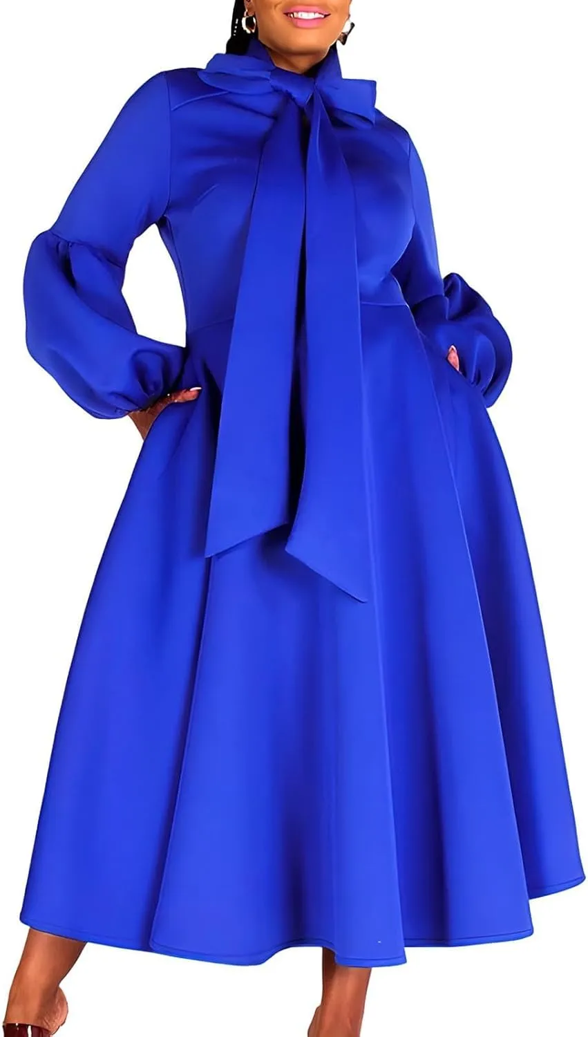2025 Women's Bow Tie Neck Lantern Sleeve High Waist A-Line Long Dress, Casual Church Dresses with Pockets