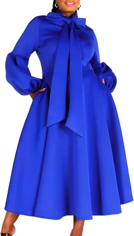 2025 Women's Bow Tie Neck Lantern Sleeve High Waist A-Line Long Dress, Casual Church Dresses with Pockets