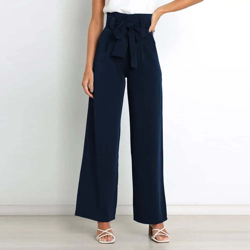 ABAFIP Women's High Waist Wide Leg Pants Business Work Office Casual Flared Palazzo Long Pants Belted Trousers