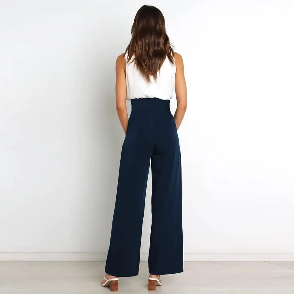 ABAFIP Women's High Waist Wide Leg Pants Business Work Office Casual Flared Palazzo Long Pants Belted Trousers