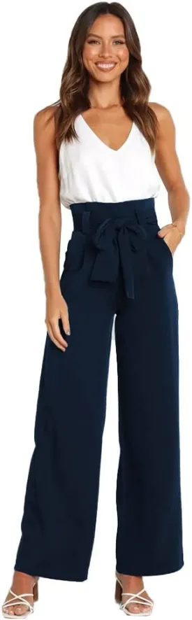 ABAFIP Women's High Waist Wide Leg Pants Business Work Office Casual Flared Palazzo Long Pants Belted Trousers