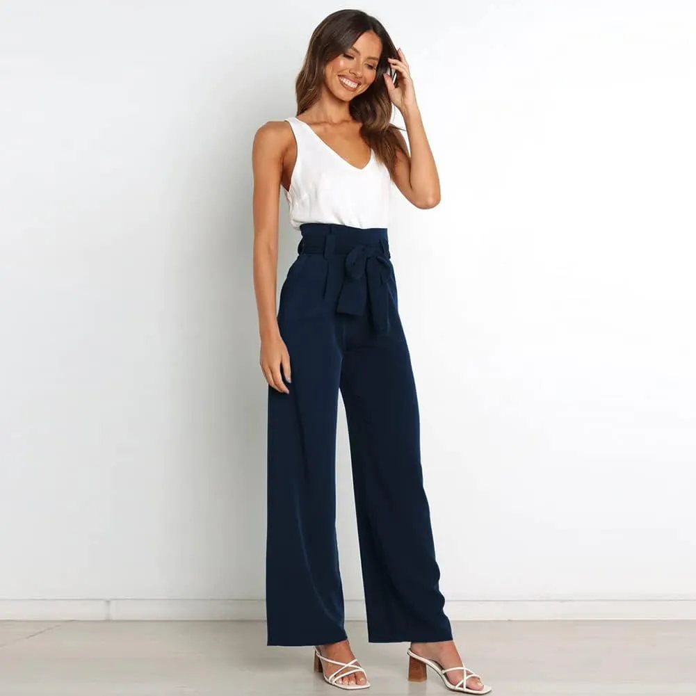 ABAFIP Women's High Waist Wide Leg Pants Business Work Office Casual Flared Palazzo Long Pants Belted Trousers