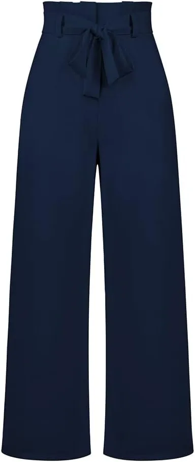 ABAFIP Women's High Waist Wide Leg Pants Business Work Office Casual Flared Palazzo Long Pants Belted Trousers