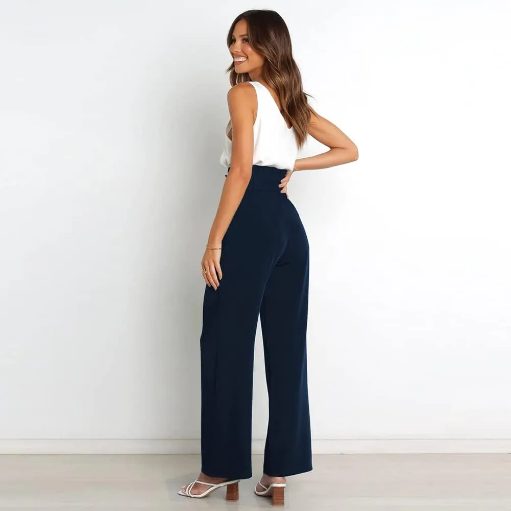 ABAFIP Women's High Waist Wide Leg Pants Business Work Office Casual Flared Palazzo Long Pants Belted Trousers
