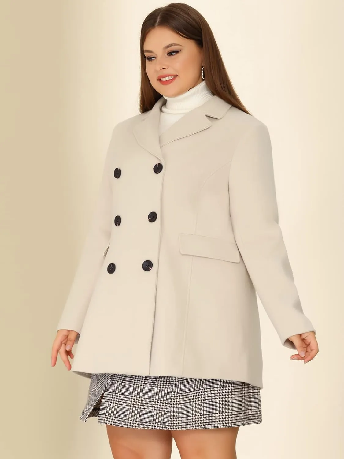 Agnes Orinda Women's Plus Size Notched Lapel Double Breasted Long Coat