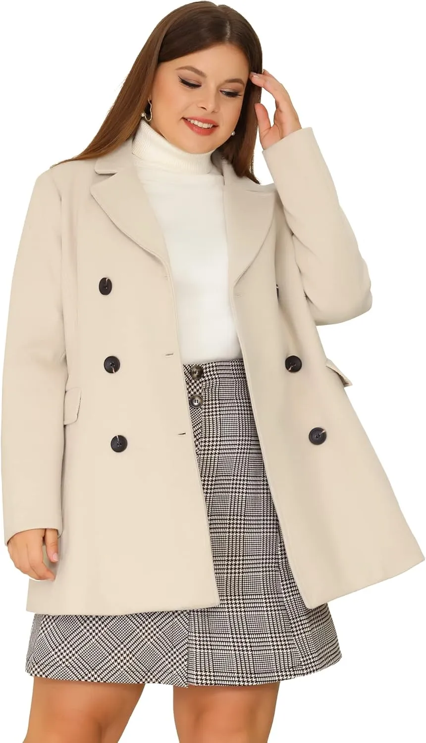 Agnes Orinda Women's Plus Size Notched Lapel Double Breasted Long Coat
