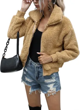 AKEWEI Women's Short Faux Fur Coat Casual Shaggy Jacket with Pockets Warm Winter Zip-Up Fluffy Outwear