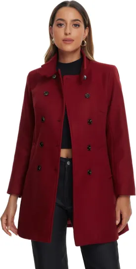 Allegra K Winter Trench Coats for Women's Casual Stand Collar Pea Double Breasted Overcoat