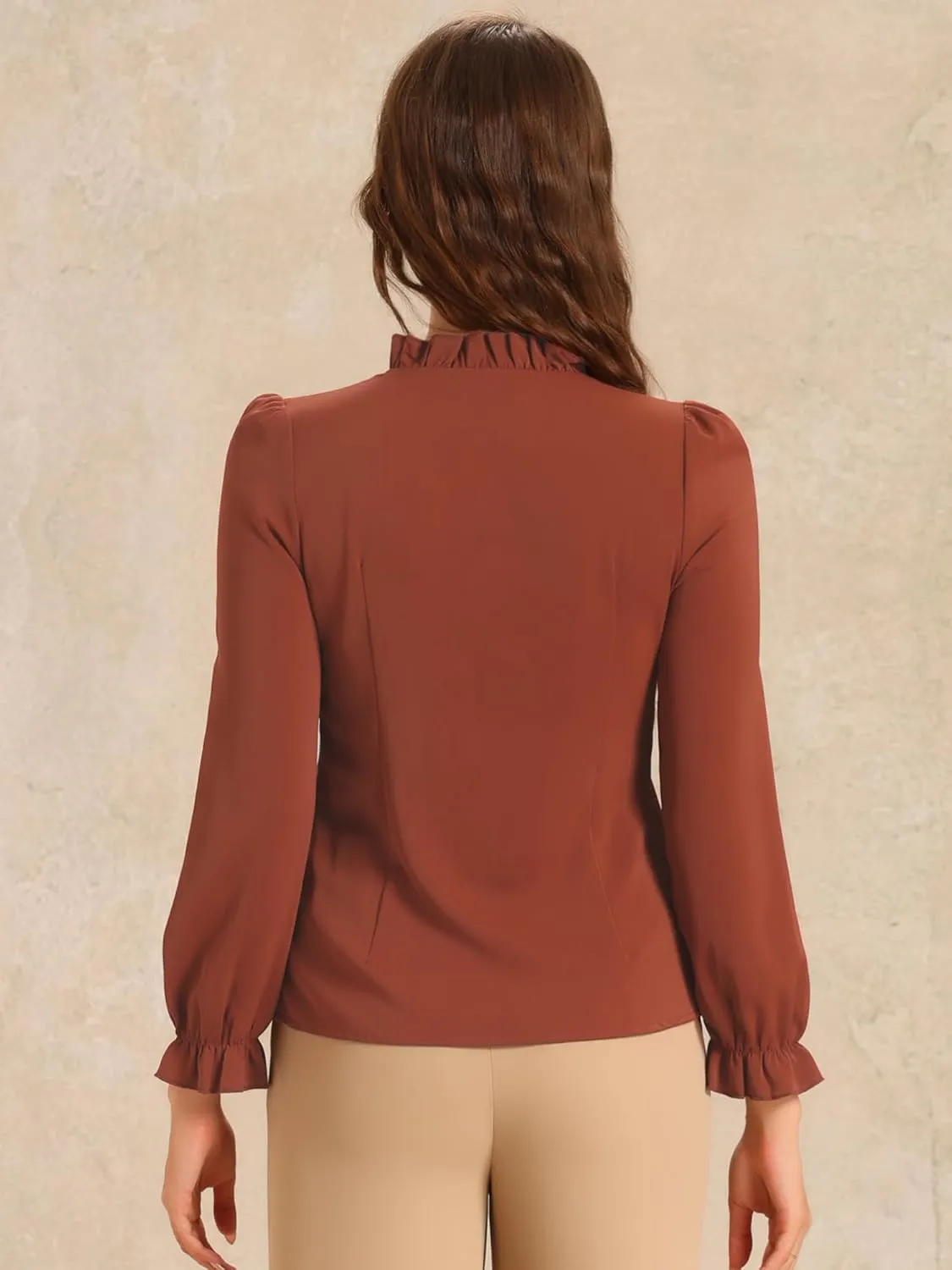 Allegra K Women's Elegant Long Sleeve Blouse Ruffle Tie Neck Business Work Top