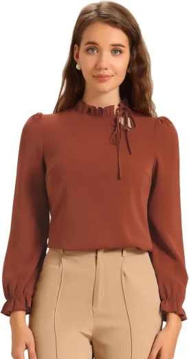 Allegra K Women's Elegant Long Sleeve Blouse Ruffle Tie Neck Business Work Top