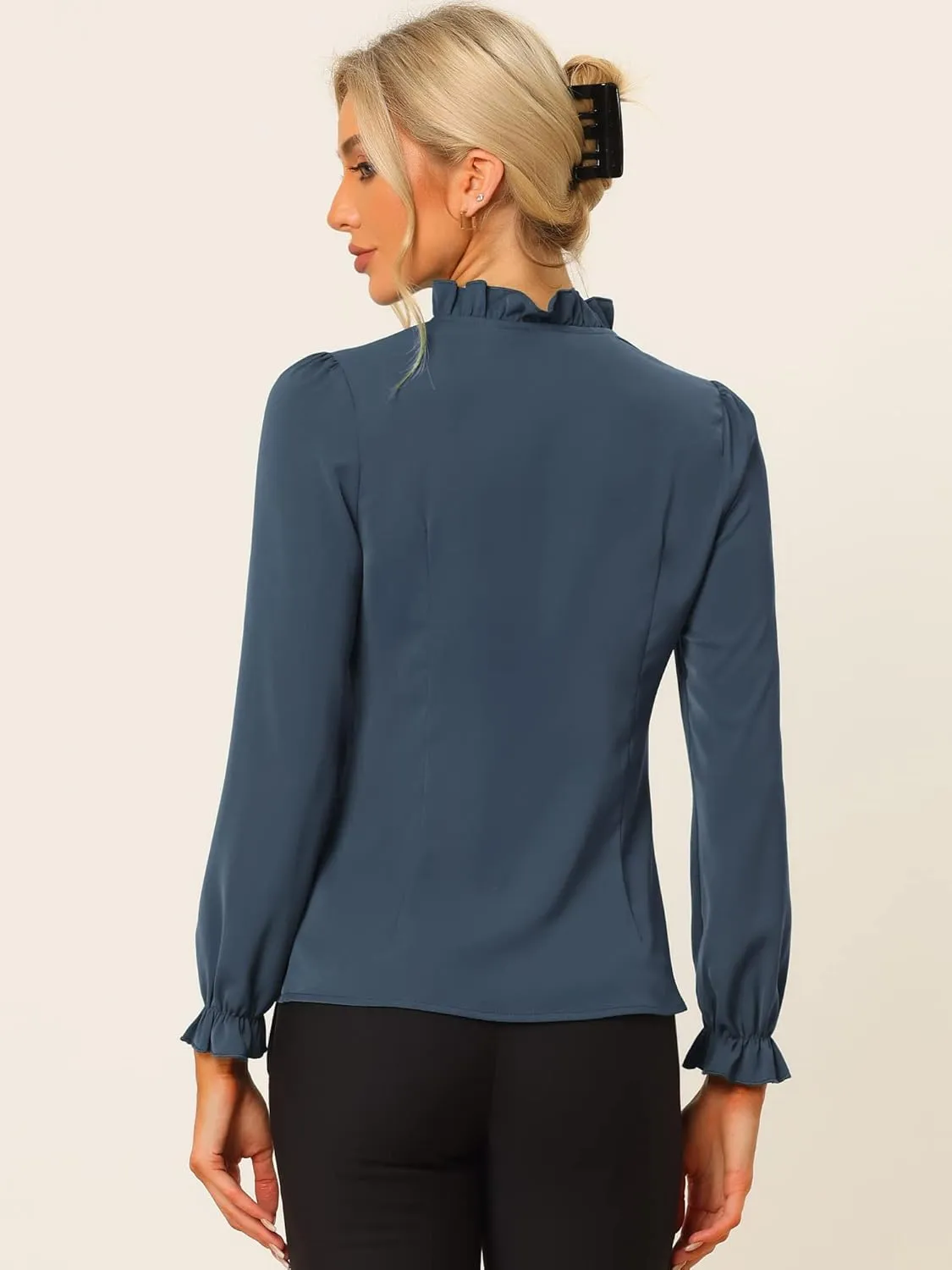 Allegra K Women's Elegant Long Sleeve Blouse Ruffle Tie Neck Business Work Top