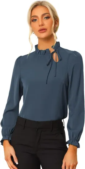 Allegra K Women's Elegant Long Sleeve Blouse Ruffle Tie Neck Business Work Top