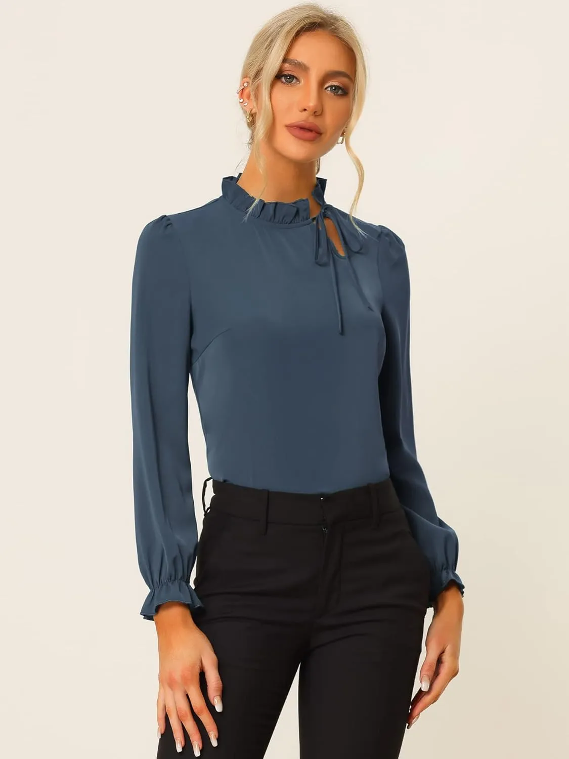 Allegra K Women's Elegant Long Sleeve Blouse Ruffle Tie Neck Business Work Top