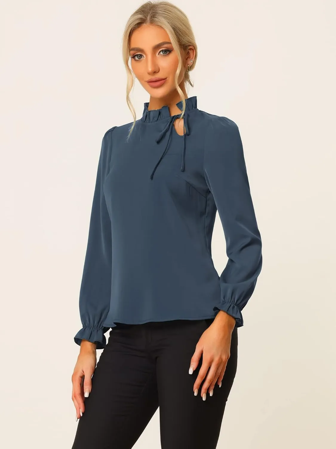 Allegra K Women's Elegant Long Sleeve Blouse Ruffle Tie Neck Business Work Top