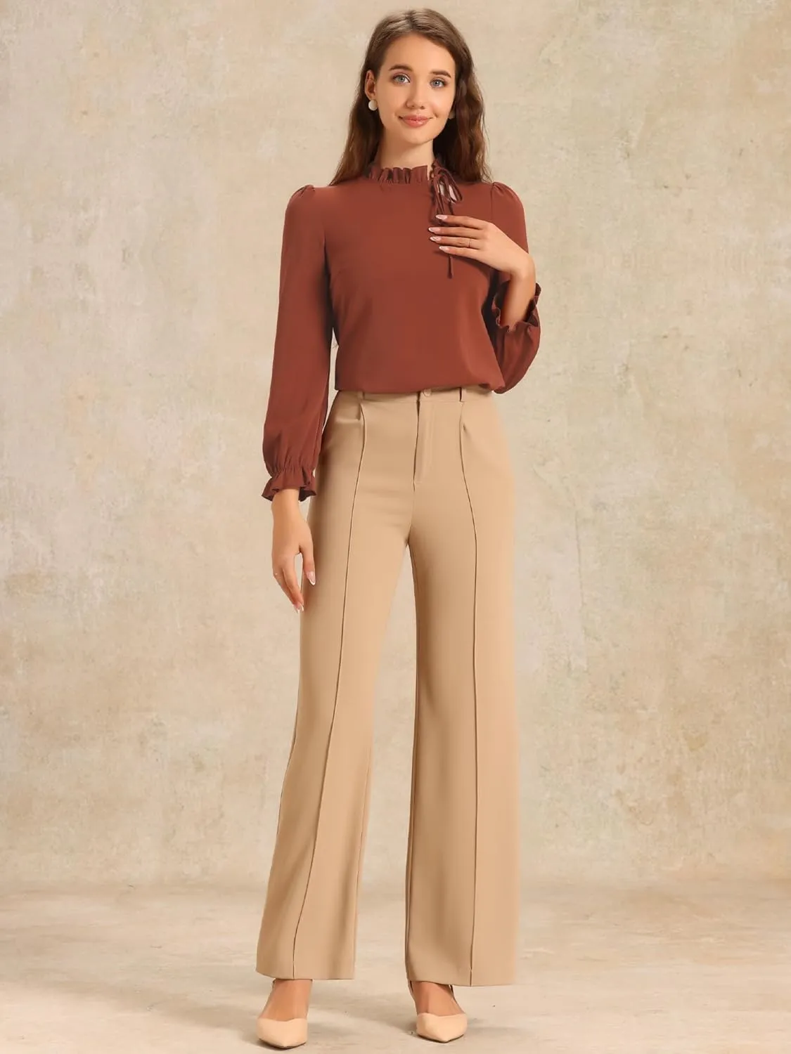 Allegra K Women's Elegant Long Sleeve Blouse Ruffle Tie Neck Business Work Top