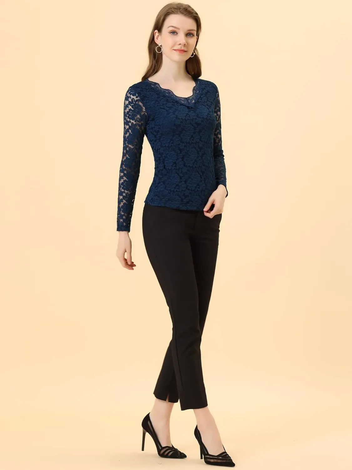 Allegra K Women's Floral Embroidery Sheer Long Sleeves Lace Blouse Top