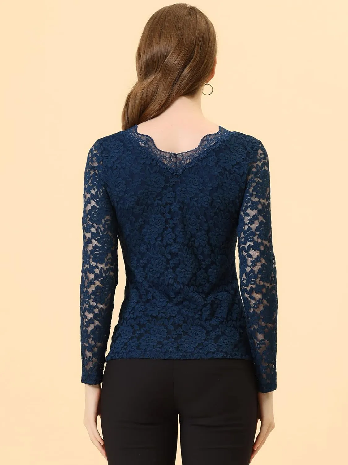 Allegra K Women's Floral Embroidery Sheer Long Sleeves Lace Blouse Top