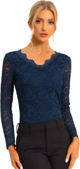 Allegra K Women's Floral Embroidery Sheer Long Sleeves Lace Blouse Top