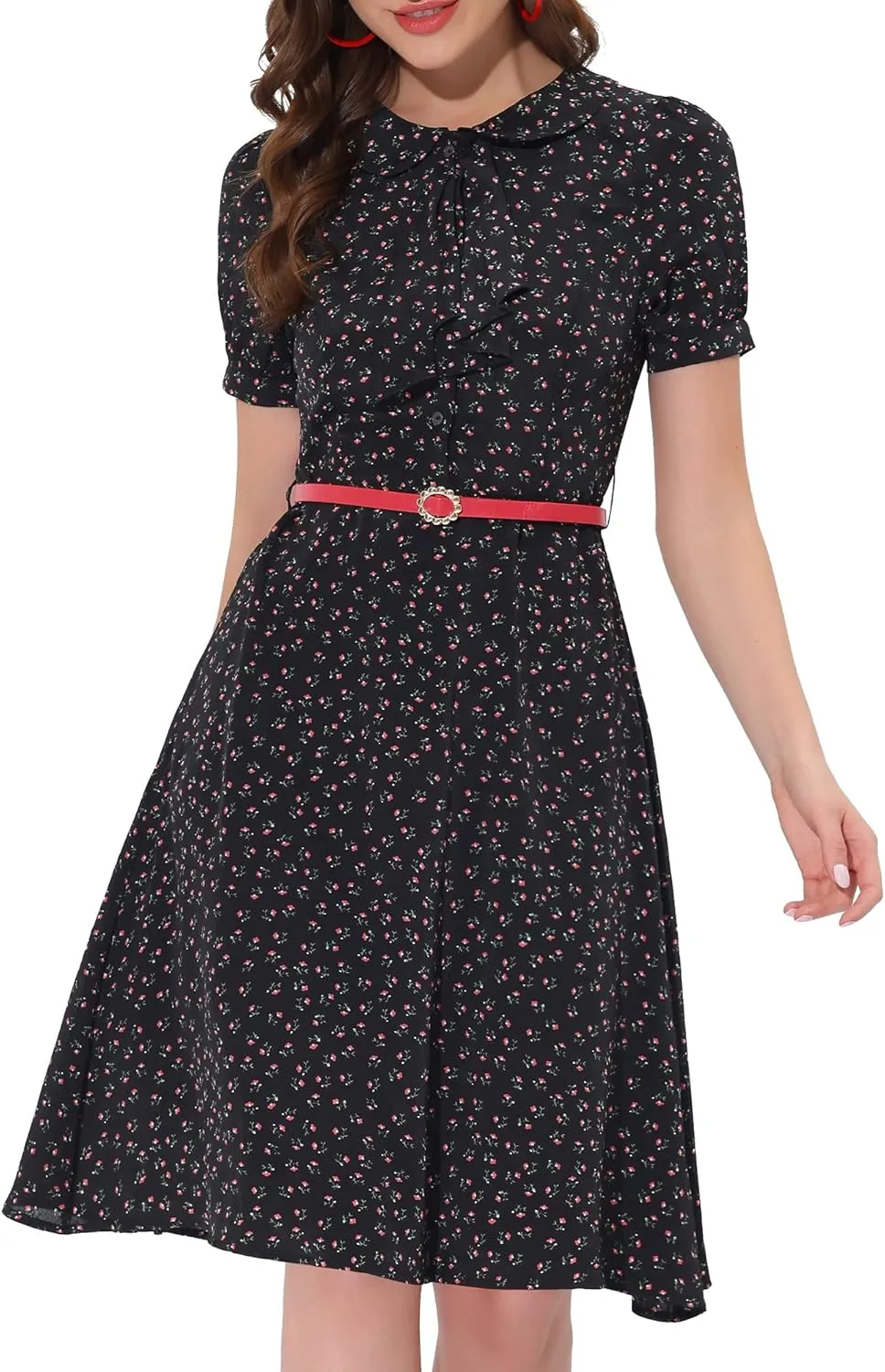 Allegra K Women's Peter Pan Collar Tie Neck Short Sleeves A-Line Elegant Belted Vintage Floral Dress