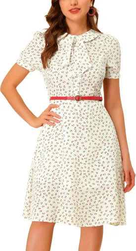 Allegra K Women's Peter Pan Collar Tie Neck Short Sleeves A-Line Elegant Belted Vintage Floral Dress