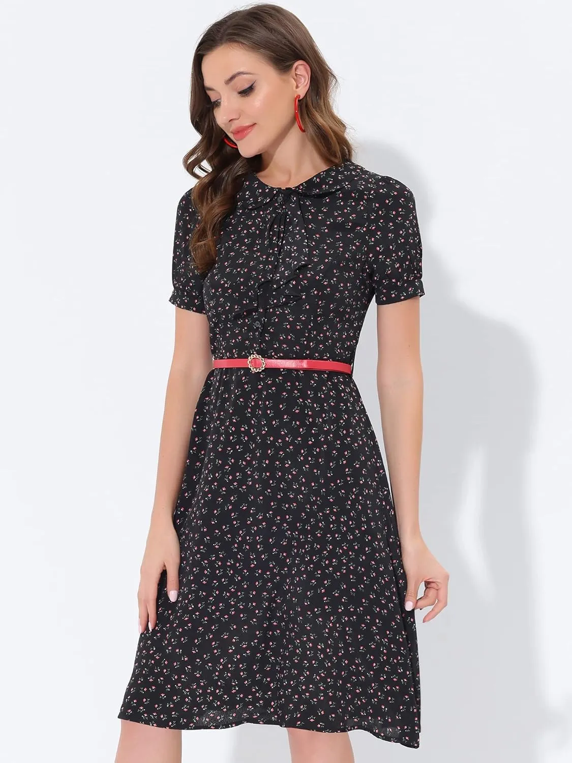 Allegra K Women's Peter Pan Collar Tie Neck Short Sleeves A-Line Elegant Belted Vintage Floral Dress