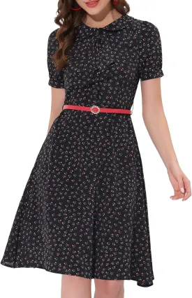 Allegra K Women's Peter Pan Collar Tie Neck Short Sleeves A-Line Elegant Belted Vintage Floral Dress