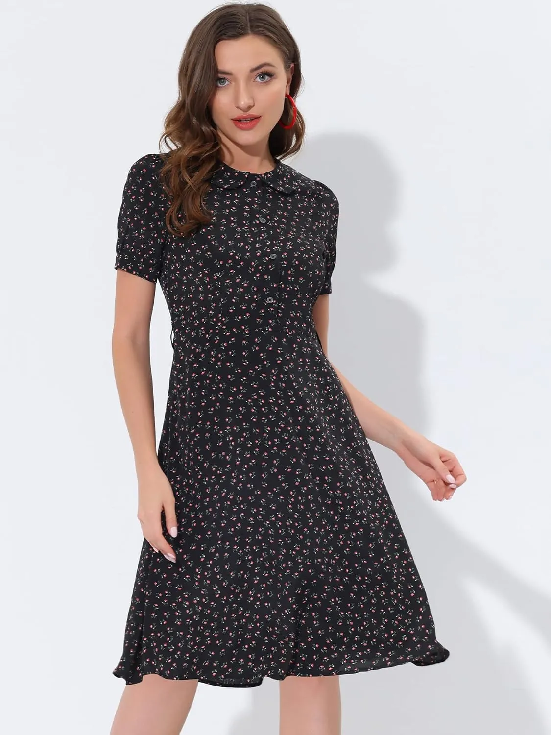 Allegra K Women's Peter Pan Collar Tie Neck Short Sleeves A-Line Elegant Belted Vintage Floral Dress