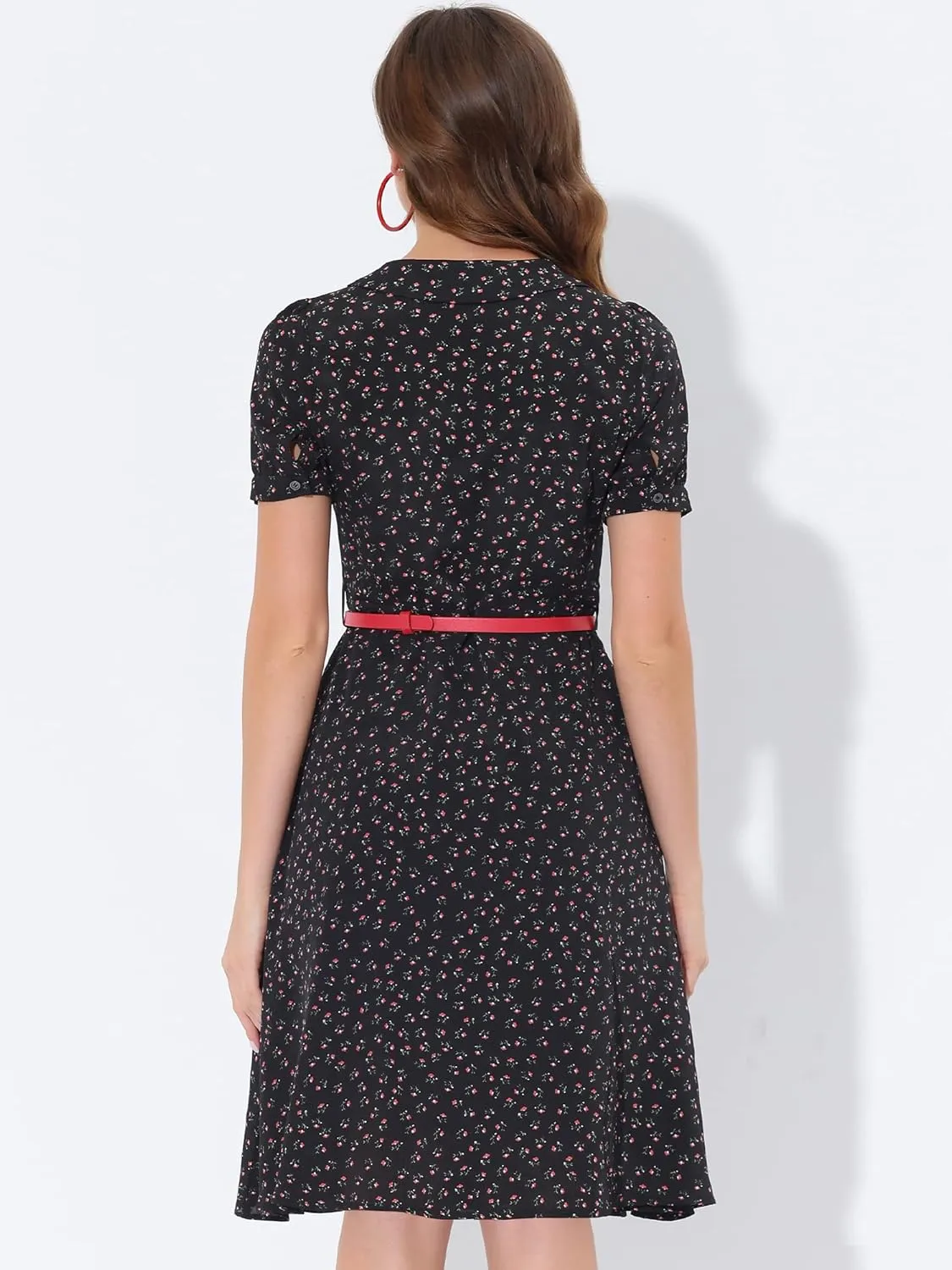 Allegra K Women's Peter Pan Collar Tie Neck Short Sleeves A-Line Elegant Belted Vintage Floral Dress