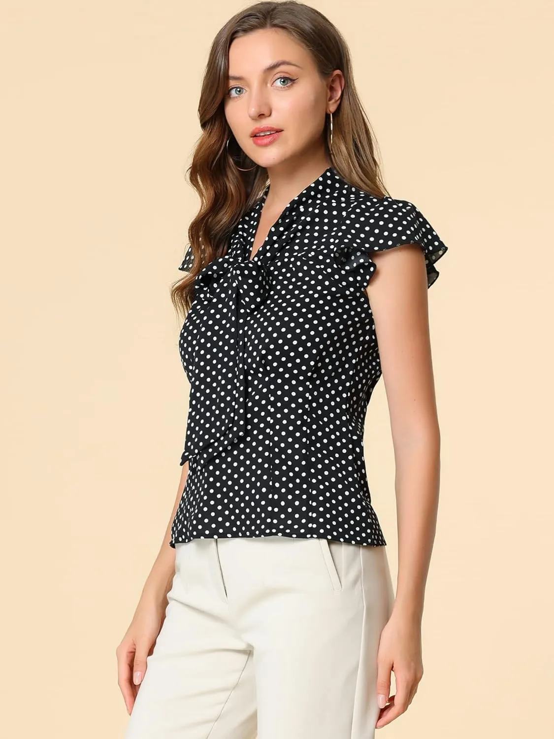 Allegra K Women's Polka Dots Tie Neck Blouse Summer Ruffled Cap Sleeve Office Top
