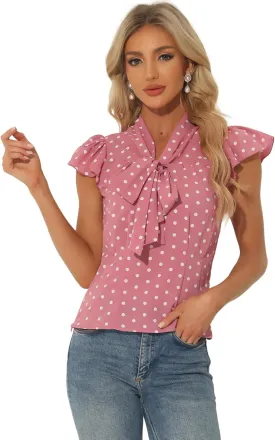 Allegra K Women's Polka Dots Tie Neck Blouse Summer Ruffled Cap Sleeve Office Top