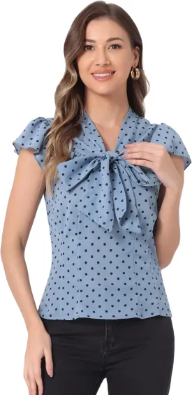 Allegra K Women's Polka Dots Tie Neck Blouse Summer Ruffled Cap Sleeve Office Top