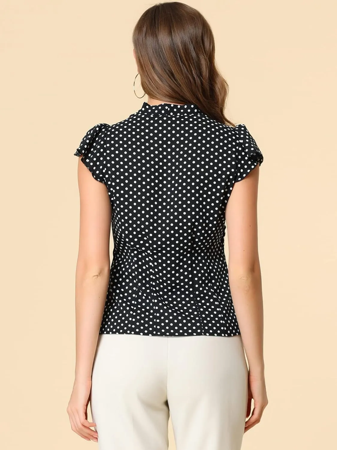 Allegra K Women's Polka Dots Tie Neck Blouse Summer Ruffled Cap Sleeve Office Top