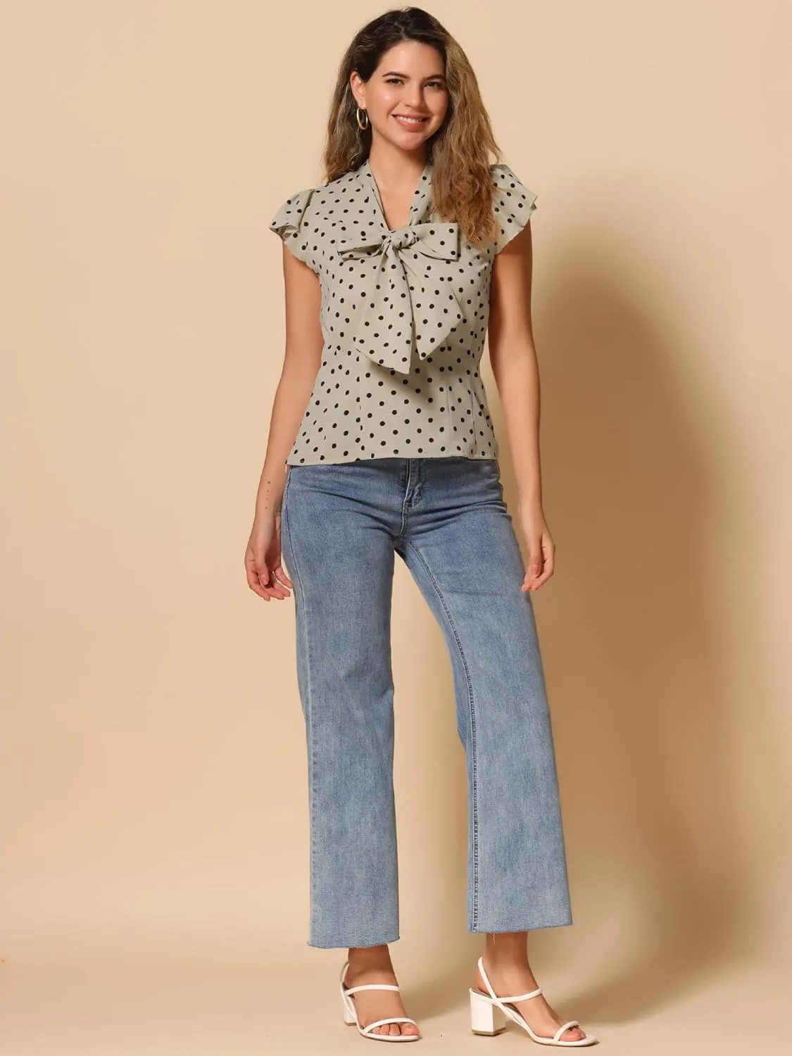 Allegra K Women's Polka Dots Tie Neck Blouse Summer Ruffled Cap Sleeve Office Top