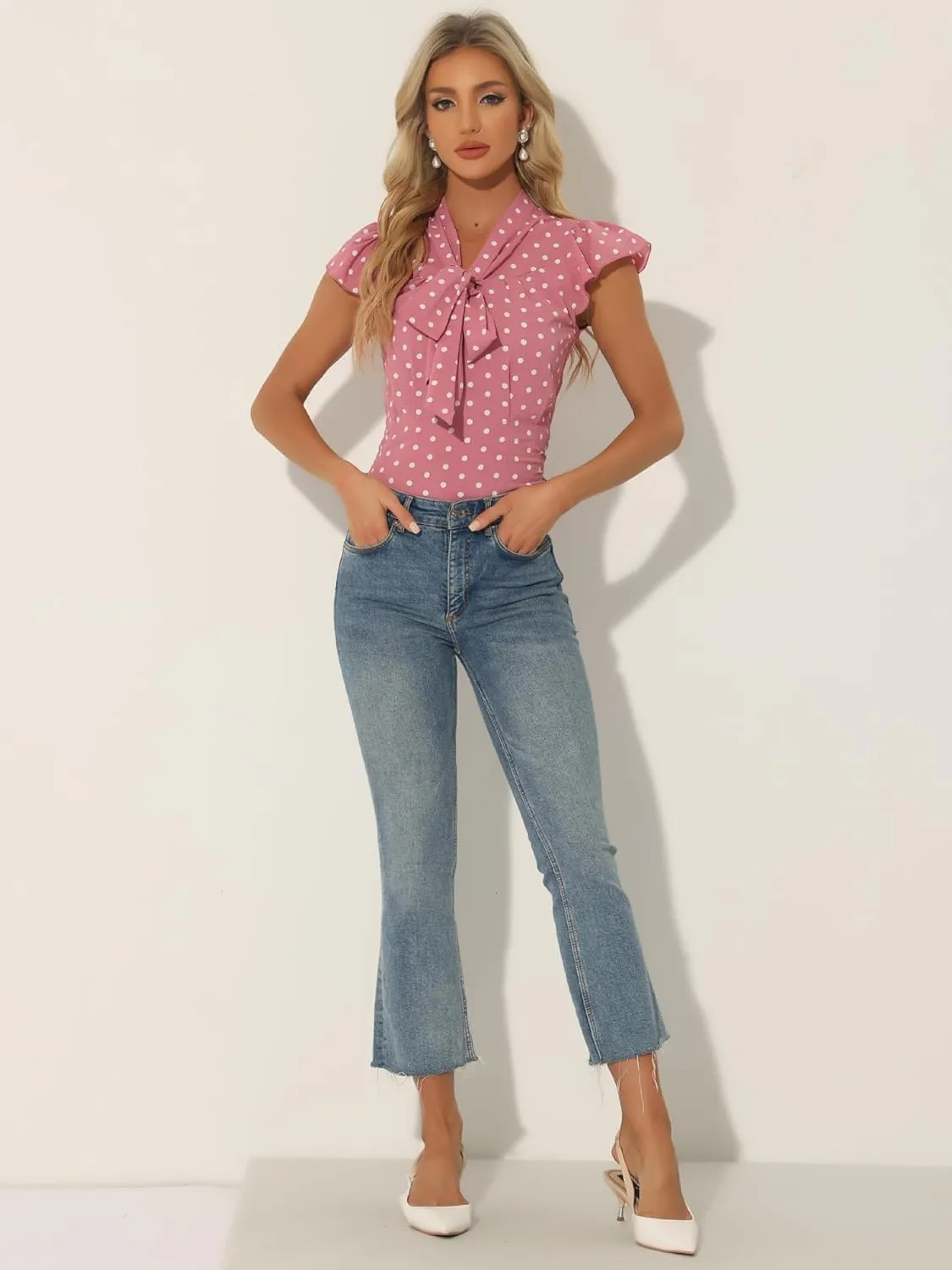 Allegra K Women's Polka Dots Tie Neck Blouse Summer Ruffled Cap Sleeve Office Top