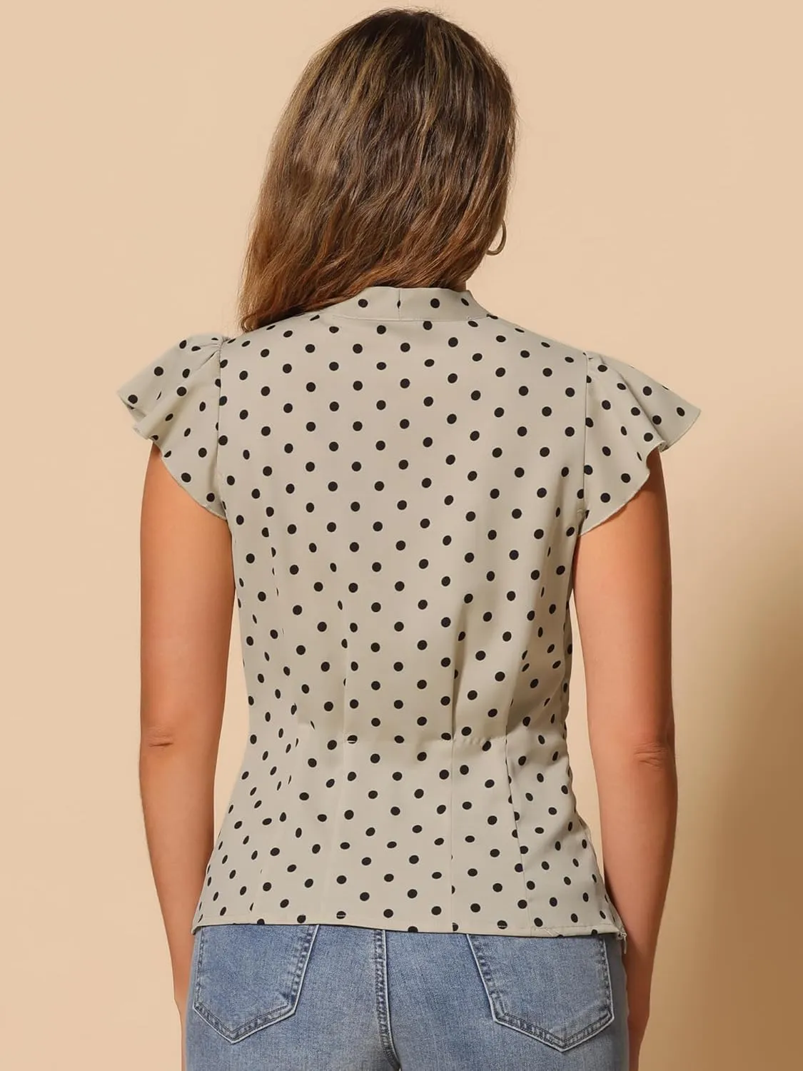 Allegra K Women's Polka Dots Tie Neck Blouse Summer Ruffled Cap Sleeve Office Top