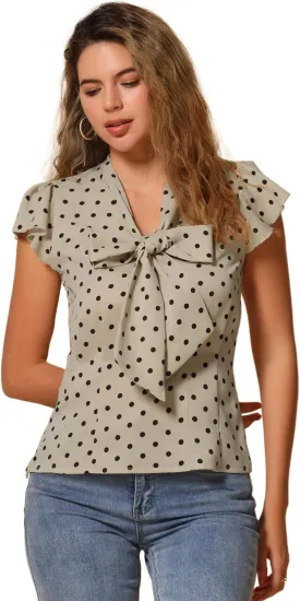 Allegra K Women's Polka Dots Tie Neck Blouse Summer Ruffled Cap Sleeve Office Top