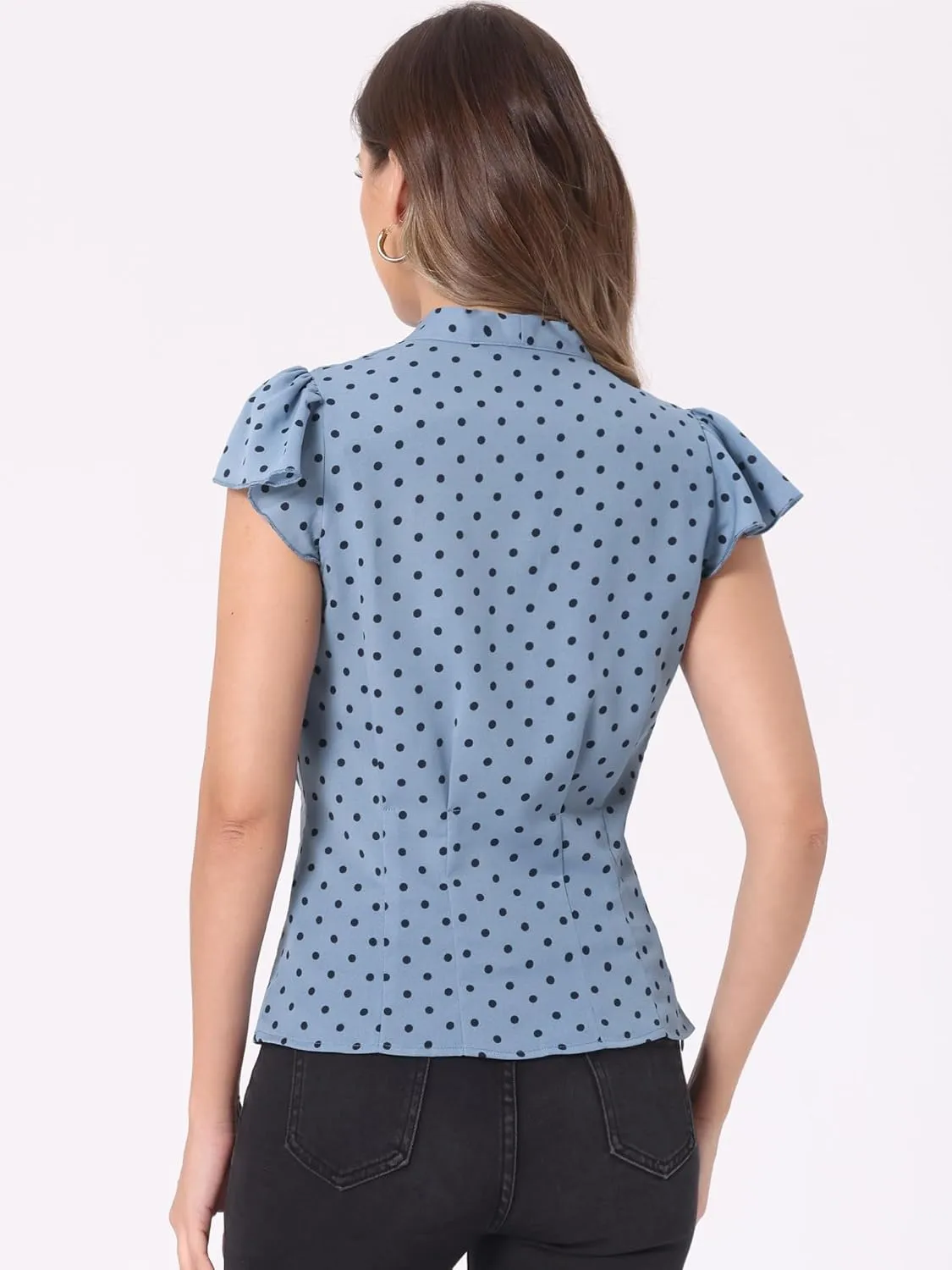 Allegra K Women's Polka Dots Tie Neck Blouse Summer Ruffled Cap Sleeve Office Top