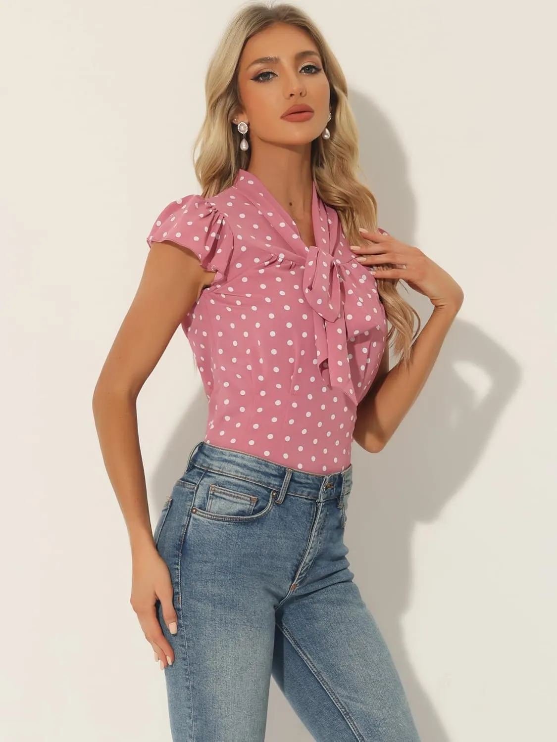 Allegra K Women's Polka Dots Tie Neck Blouse Summer Ruffled Cap Sleeve Office Top