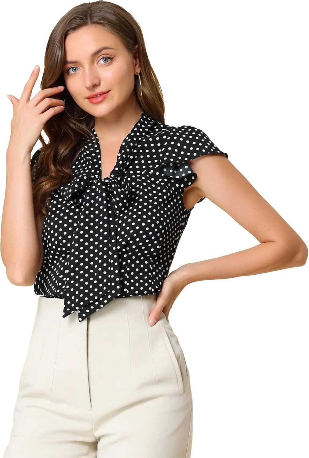 Allegra K Women's Polka Dots Tie Neck Blouse Summer Ruffled Cap Sleeve Office Top
