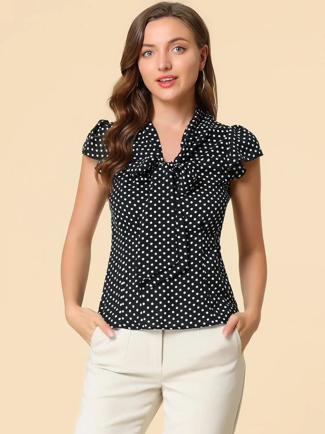 Allegra K Women's Polka Dots Tie Neck Blouse Summer Ruffled Cap Sleeve Office Top
