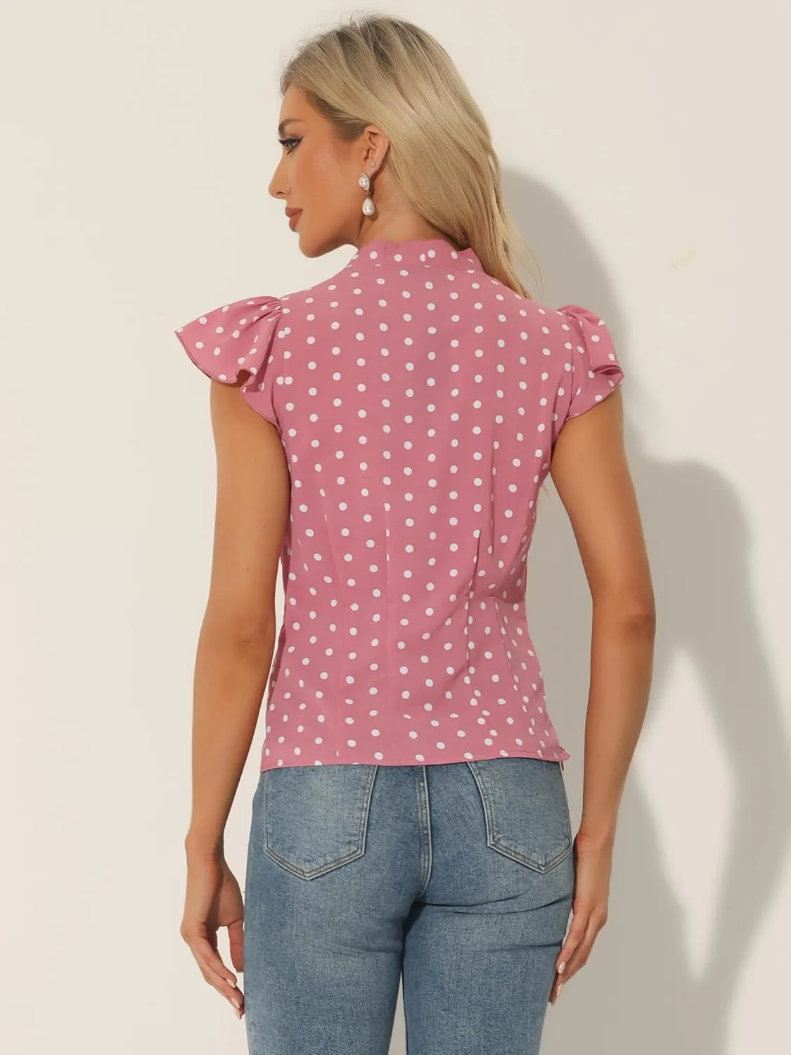 Allegra K Women's Polka Dots Tie Neck Blouse Summer Ruffled Cap Sleeve Office Top