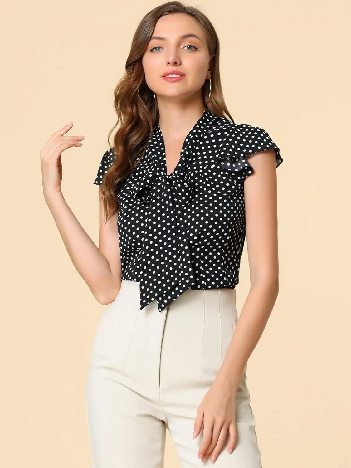 Allegra K Women's Polka Dots Tie Neck Blouse Summer Ruffled Cap Sleeve Office Top