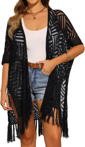 Allegra K Women's Summer Crochet Cardigan Short Sleeve Open Front Lightweight Boho Cover Up Cardigans