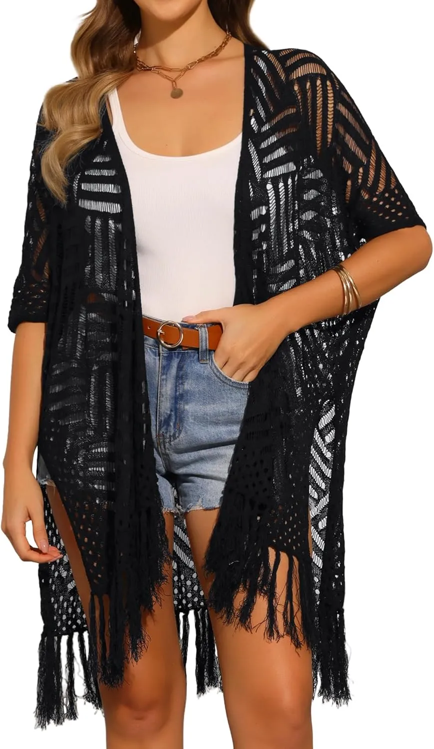 Allegra K Women's Summer Crochet Cardigan Short Sleeve Open Front Lightweight Boho Cover Up Cardigans
