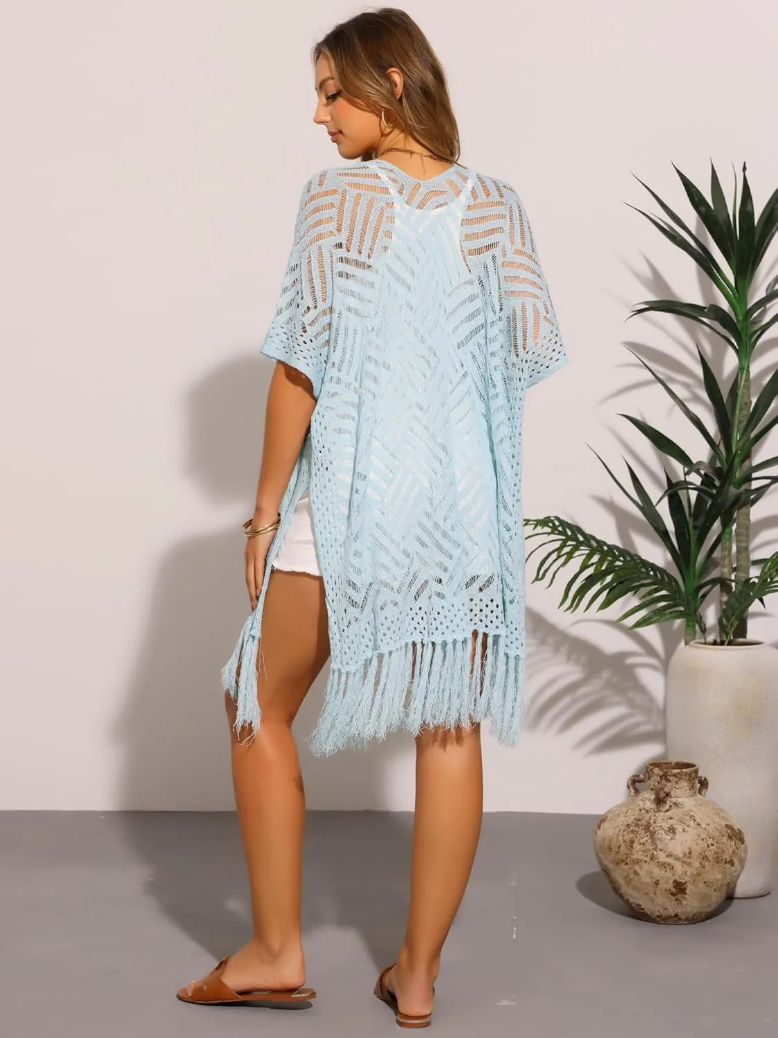 Allegra K Women's Summer Crochet Cardigan Short Sleeve Open Front Lightweight Boho Cover Up Cardigans